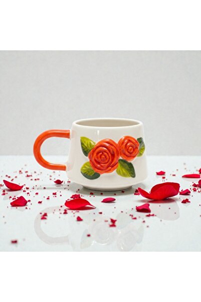 İlbay Çini Takı Embossed Orange Color Rose Mug Cup