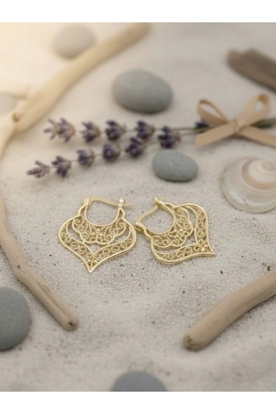 shesra Mengüer 14 Ayar Altın Kaplama Çelik Telkari Motifli Vintage Küpe (27 mm)