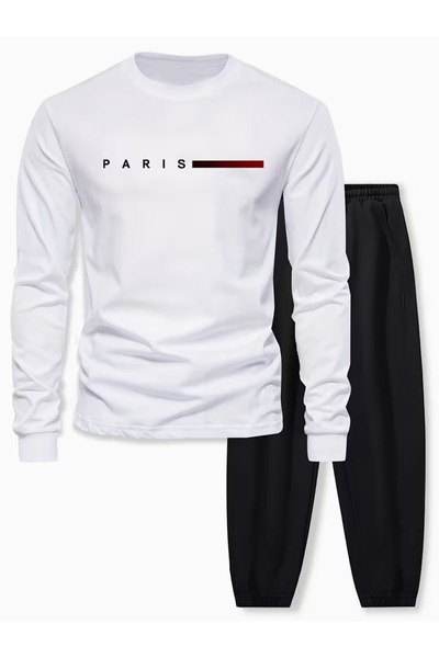 Massgai Unisex Paris Printed Crew Neck Oversized Bottom-Top Jogger Cotton Tra...