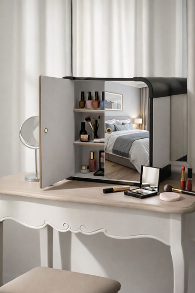 en-concept Luxury Siyah Köşe ve Ayna Detaylı Mini Makyaj ve Aksesuar Dolabı