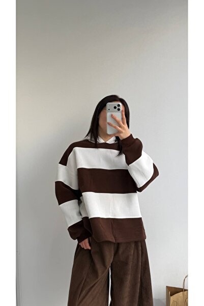 GAYA Kahve-Krem Çizgili Oversize Hoodie Sweatshirt