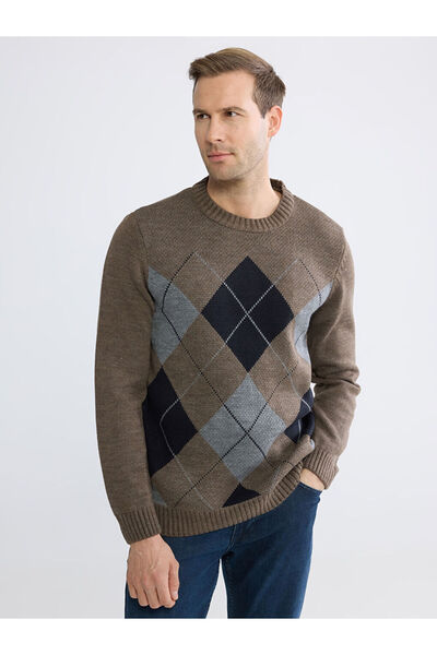 LC Waikiki Brown bicycle collar baklava patterned men's knit sweater