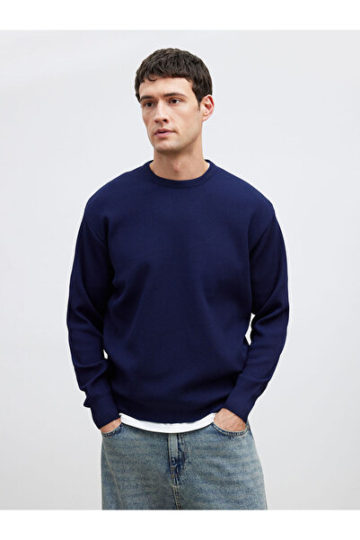 LC Waikiki Navy Blue Crew Neck Corded Fabric Men's Knitwear Sweater