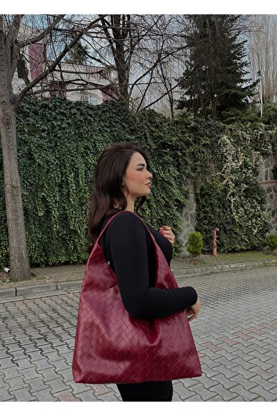 Bordo Deri Örgü Desenli Büyük Boy Kadın Omuz Çantası - BELLA