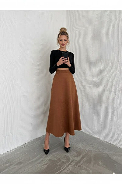 MaxiMor Women's Suede Fabric Tan Color Hijab Suitable Skirt Length 95 cm