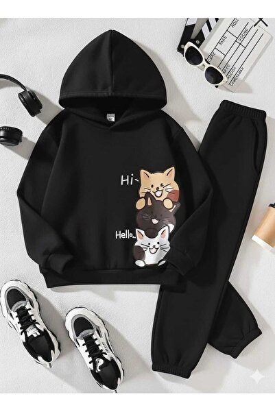 Nice Clothes Детски комплект спортен екип с качулка UNISEX VERTICAL 3 CAT PRINT