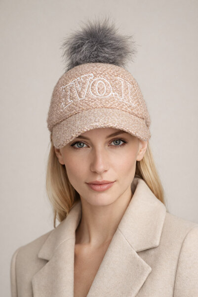 Şirin Giyim Aksesuar Women's Powder Color Cap Hat with Pompom Detail - Wool T...