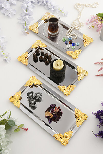 AKSESUAR EVRENİ Foldosi Silver 3-Piece Gold Ornament Detailed Boat-Shaped Cof...