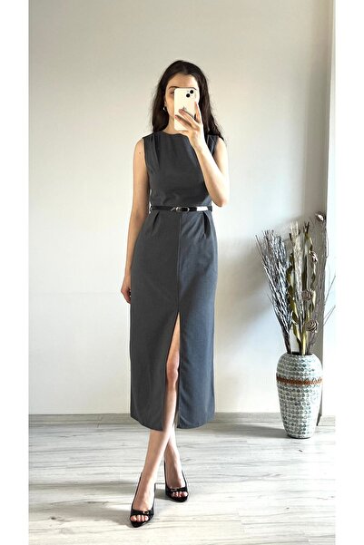 Aspendia Women's Shoulder Pad Pack Belted Slit Gray Sleeveless Midi Dress