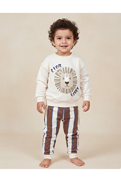 BEBENDY Aslan Printed Snap Fastener Sweatshirt Stripe Striped Trousers Long B...