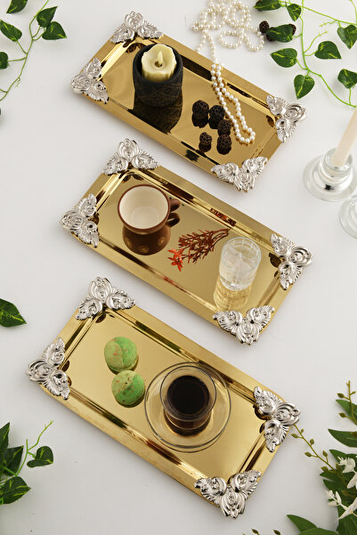 AKSESUAR EVRENİ Foldosi Gold 3-Piece Silver Ornament Detailed Boat-Shaped Cof...