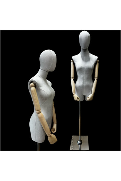 MD Vİtrin Dekorasyon 38 Beden Keten Kumaş Ahşap Kollu Terzi Prova Mankeni Met...