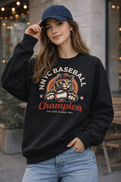 ArtYus Baseball Cat Printed Relaxed Fit Fleece-Lined 3 Thread Crewneck Sweats...