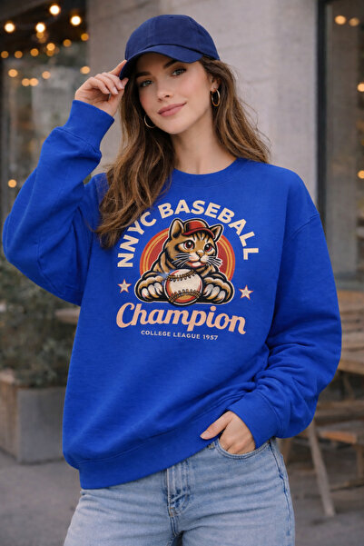 ArtYus Baseball Cat Printed Relaxed Fit Fleece-Lined 3 Thread Crewneck Sweats...