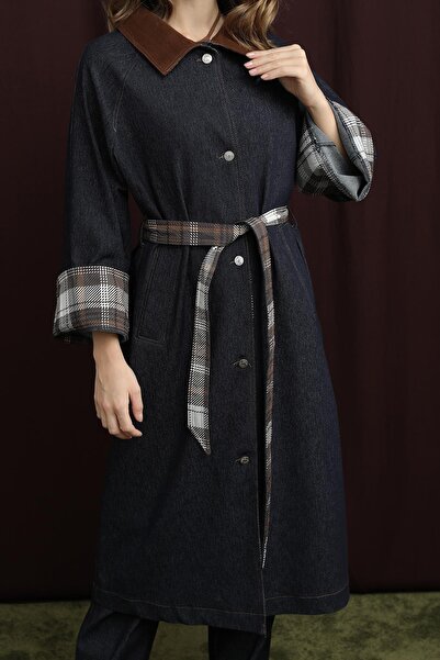 Soul Women's Plaid Detailed Denim Trench Coat - 32393Trct