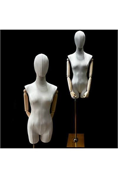MD Vİtrin Dekorasyon 38 Beden Süet Kumaş Ahşap Kollu Terzi Prova Mankeni Gold...