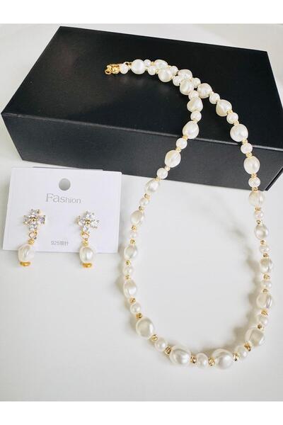 DEVİ fashion Pearl Necklace Earrings Evening Dress Valentine's Mother's Day B...