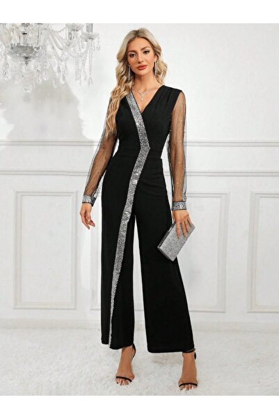 FRESCO SCARFS Women's Long V-Neck Front Sequin Detailed Tulle Long Imported C...