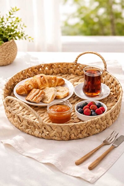 Dekorasyaa Wicker Round Serving and Presentation Tray with Handles - 33X7Cm -...