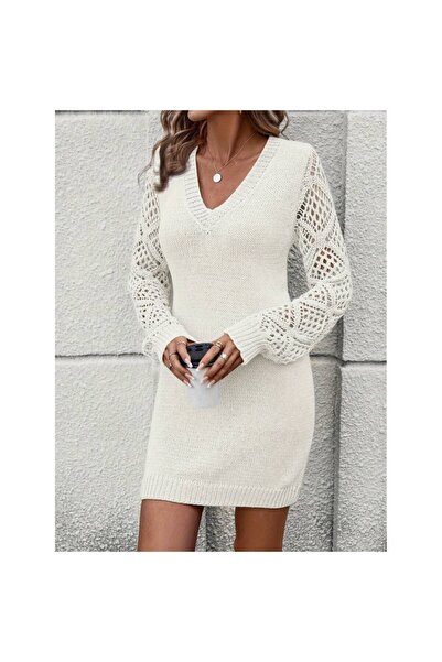 bayansepeti Women's Long Sleeve V-Neck Mini Knit Dress 30863