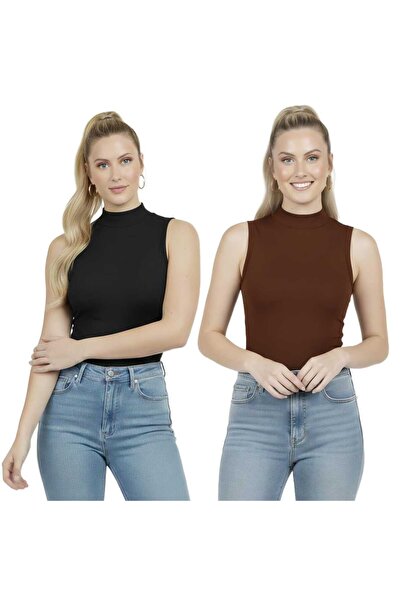 MODARENGİN 2-Pack Women's Half Turtleneck Sleeveless Fit Blouse-Casual Stylis...