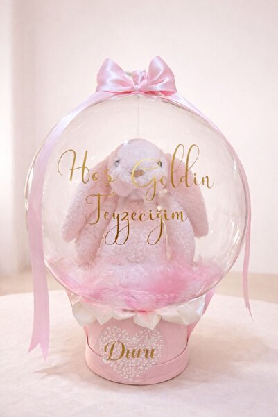 celinegiftbox Kişiye Özel Şeffaf Balon İçinde Peluş Tavşan – İsimli Yeni Doğa...