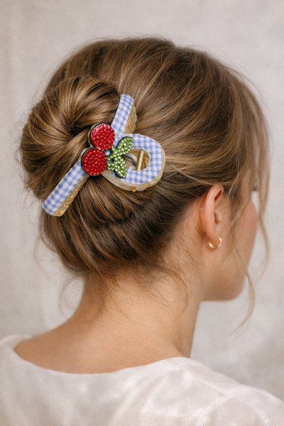 Bymiel Cherry Detailed Gingham Patterned Bun Hairpin