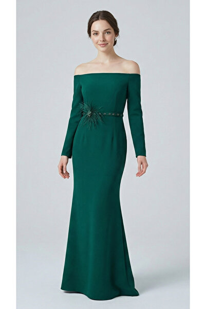 PEARL El İşi Otrişli Taşlı Çıkarılabilir Kemerli Kayık Yaka Uzun Abiye Elbise