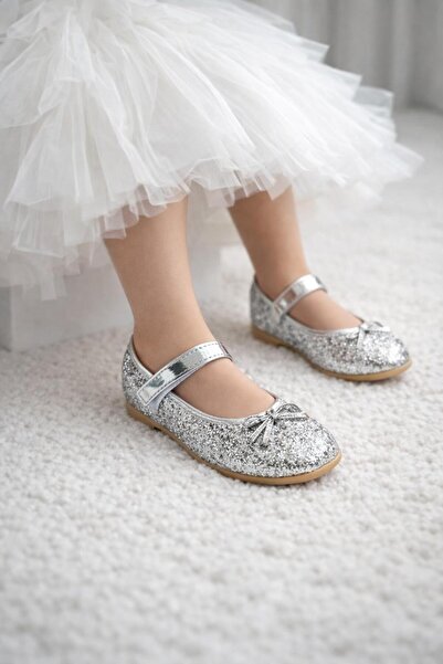 Tetaf Girl's Glitter Evening Dress Ballerinas – Shiny Silver Shoes with Buckle”