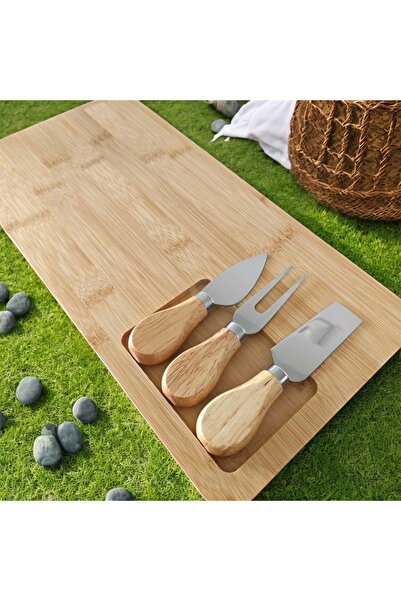 RES Bambu 4 parça Peynir Tabağı-spatula, çatal, bıçak seti Şarküteri Sunum pa...