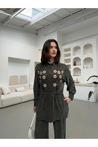 MİA NOURA Women's Shirt with Bead Embroidery on the Front, Pants with Bead Em...