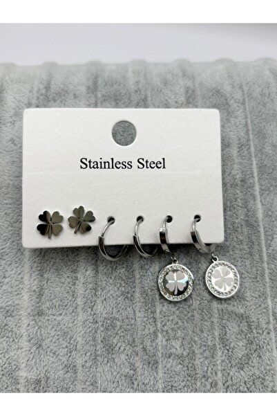 aurora dükkan Steel Silver Color Clover Multiple Earrings
