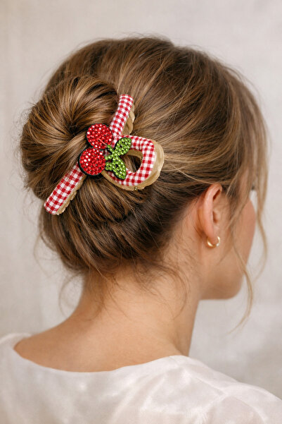 Bymiel Cherry Detailed Gingham Patterned Bun Hairpin