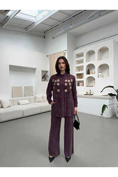 MİA NOURA Women's Shirt with Bead Embroidery on the Front, Pants with Bead Em...