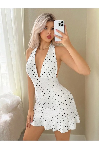 miss love fantasy Kadın Boyundan Bağlamalı Eteği Fırfırlı Göğüs Dekolteli Mini Fantezi Elbise