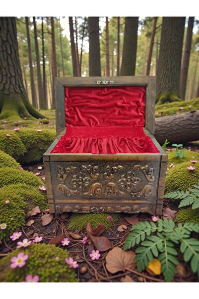 DNC Art&Deco Ahşap El Oyması Kırmızı Kadife Kaplı Dekoratif Sandık - 37x22 cm...