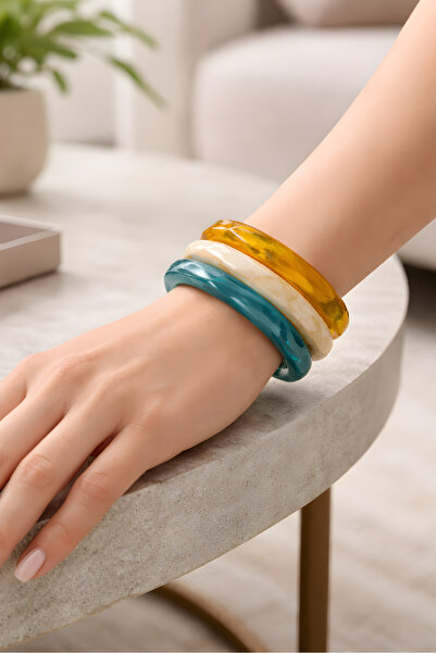 mosmoda 3 lü Kahve Mavi Krem Reçine Bilezik, İç çap: 6cm