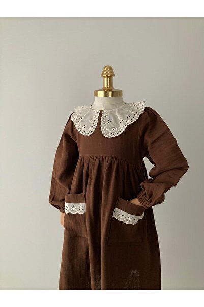 UHDE STORE Kız Çocuk Çikolata Kahve Tesettür Uzun Müslin Elbise Merasim Elbis...
