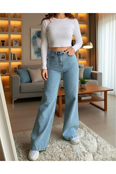 BİENAL BUTİK Zera Light Snow Wash Blue Stretch Fabric Super High Waist Loose ...