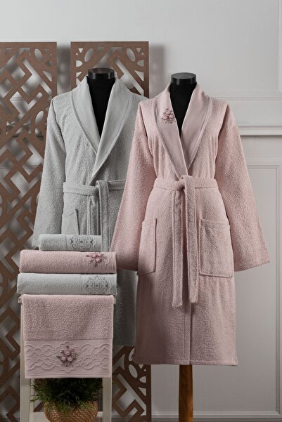 Fiesta Tekstil طقم رداء حمام مطرز يدويًا بتصميم الياسمين مكون من 6 قطع