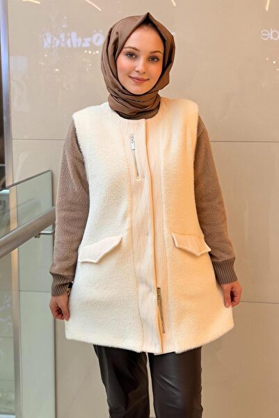 Mahal Crochet Knitwear Fur Combination Zipper Detailed Vest