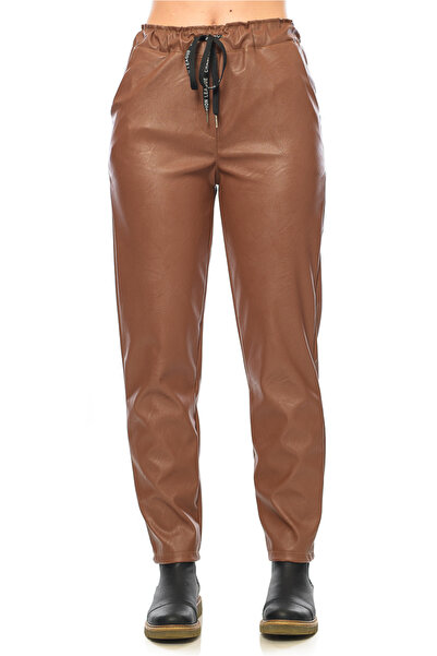 Jolenttine Pantaloni din piele ecologică, căptușiți cu fleece, maro