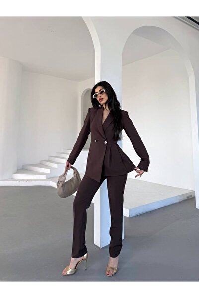 buqre's moda Women's Double Blazer Jacket Pants Suit Pleat and Button Detaile...