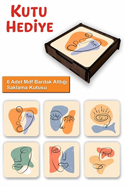 UNT Set of 6 Minimal Line Art Patterned Mdf Coasters – with Wooden Storage Bo...