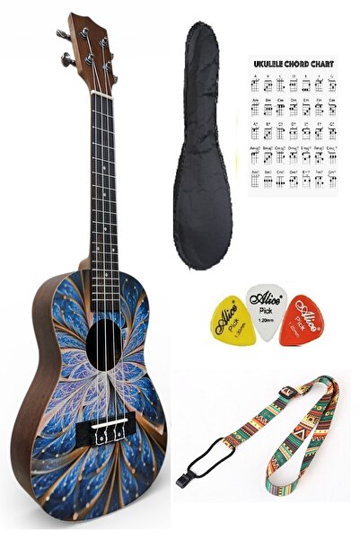 müzikhane Concert Mahogany Ukulele Case Strap Pick-Blue Lilies Pattern