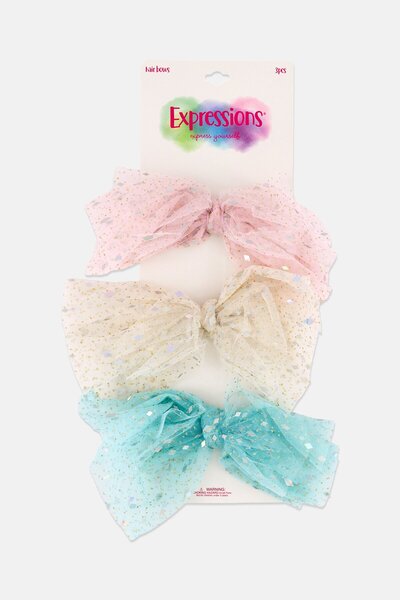 Expressions Kids Girl 3 Pieces Glitter Hair Bow Clips, Multicolor