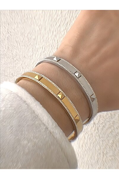 QA Quella Accessories سوار من الفولاذ بتفاصيل مكعبة من الزركون والفضة والذهب ...