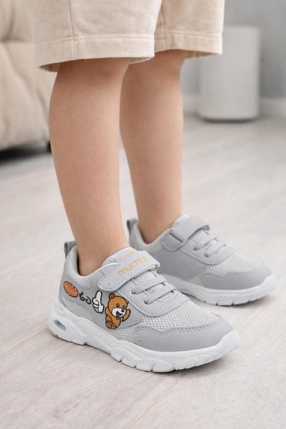 Tetaf Children's Gray Sports Shoes – Cute Bear Pattern Sneaker with Velcro Fasteners