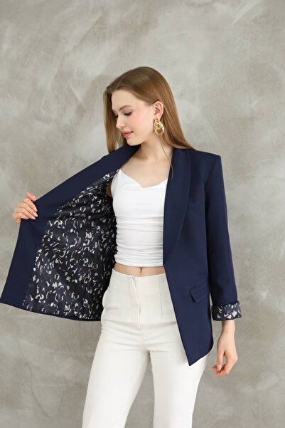 buqre's moda Oversize Double Leopar Astarlı Düğmesiz Cepli Uzun Blazer Ceket