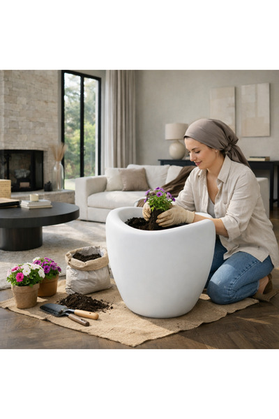 Adayapaycicek Harika tasarım plastik saksi 40 cm beyaz renk